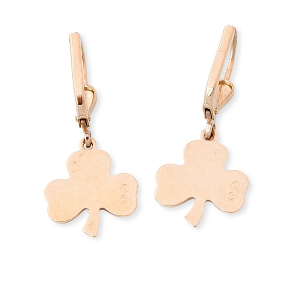 Vintage Shamrock Dangle Earrings Three Leaf Clover Green Enamel Gold Plated - Picture 3 of 4